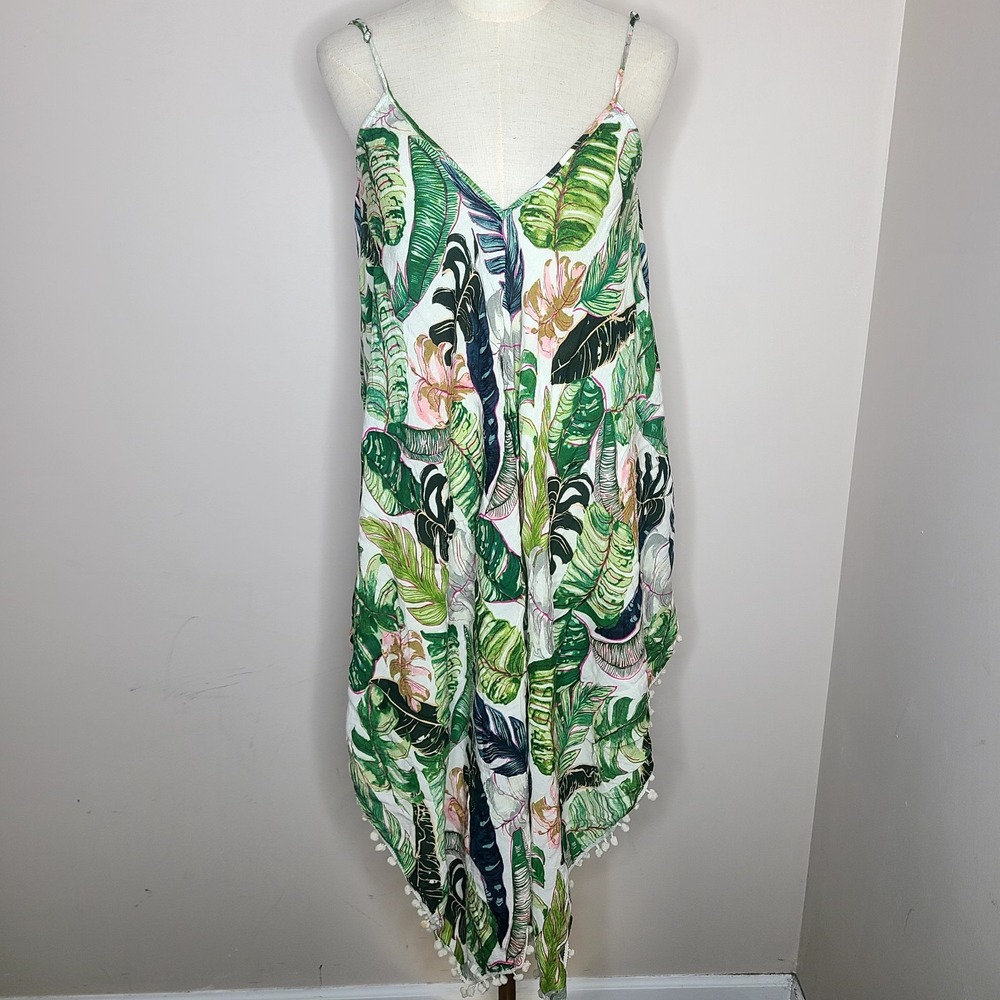 Goa Beachwear By Japna Medium Cover Up Dress Green Pink Palm‎ Print Pom Pom Trim